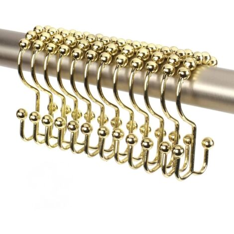 Crochets de rideau de douche en acier inoxydable, crochets doubles, 12 pièces, dorés