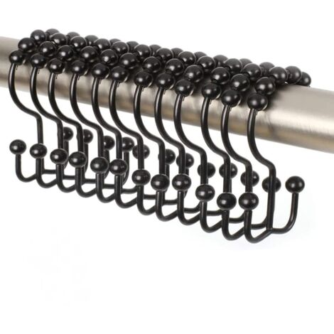 Crochets de rideau de douche en acier inoxydable, crochets doubles, 12 pièces, noir