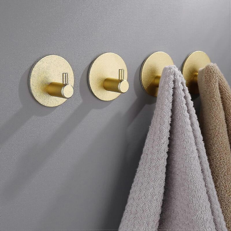Crochets de salle de bain : auto-adhésifs dorés (4 crochets pour serviettes, crochets muraux, crochets pour vêtements, adhésif puissant, 4,5 × 4,5 ×