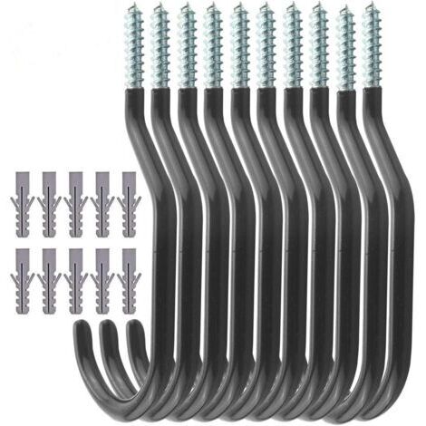 Crochets de Vélo 10 pièces, Support velo mural, crochet plafond charge lourde pour organisation du garage, abri, jardin, rangement, Boulons en Revêtement Plastique Plafond/Mural Monté (Noir)