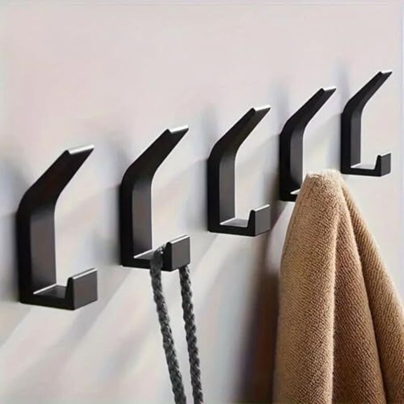 Crochets doubles en métal, sans perçage - conviennent pour les salles de bains, les cuisines, les chambres, etc. - Lot de 5, noirs