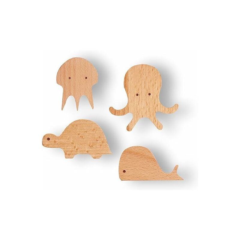 Sunxury - Crochets en bois d'animaux aquatiques de mer mignons naturels, muraux, manteau suspendu décoratif pour enfants, lot de 4