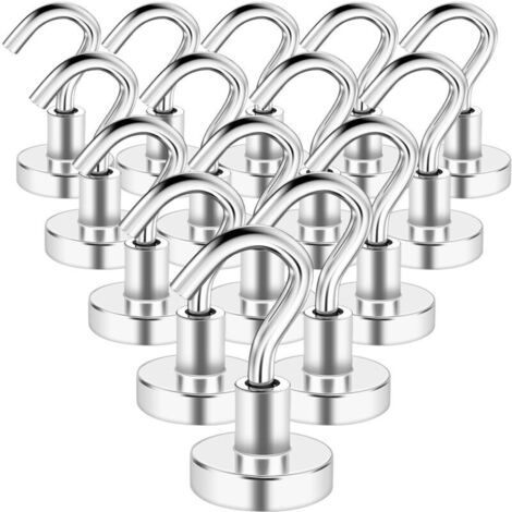 Crochets magnétiques, 15 pièces crochets magnétiques extra puissants 10 kg aimants néodyme super puissants avec crochets, crochets aimants néodyme 16 mm pour cuisine, crochets magnétiques argent