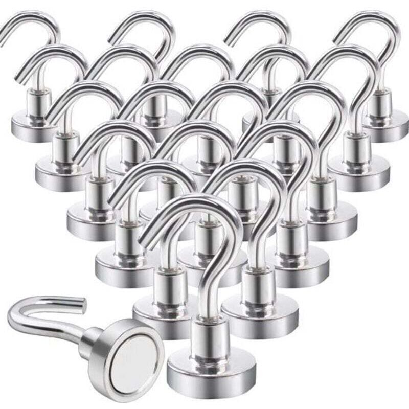 Crochets magnétiques extra-forts (10 kg), aimants néodyme avec crochets, lot de 20, fixation sans perçage, pour portes en fer, réfrigérateurs,
