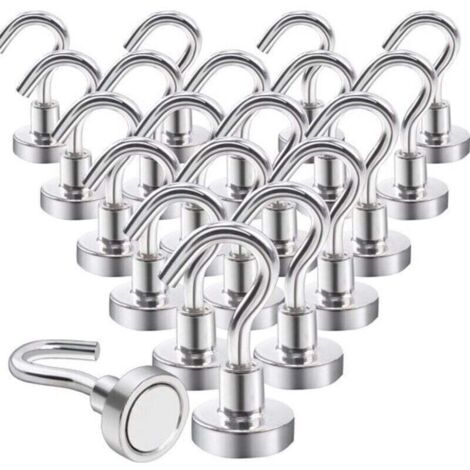 Crochets magnétiques extra-forts (10 kg), aimants néodyme avec crochets, lot de 20, fixation sans perçage, pour portes en fer, réfrigérateurs, cuisines, portants, bureaux, couleur argent.