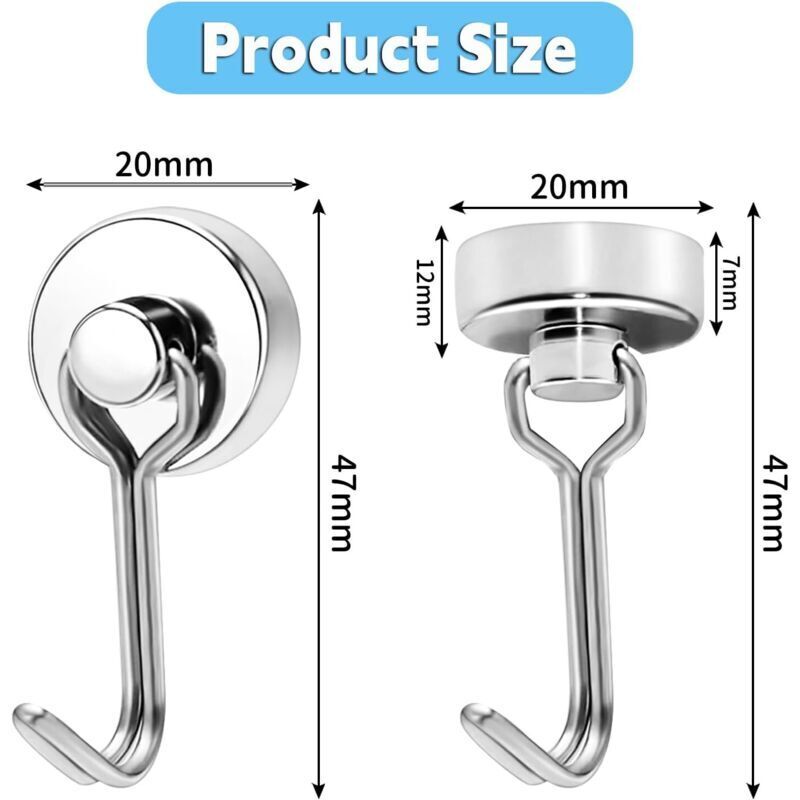 Crochets Magnétiques, Lot de 4 Crochets Magnétiques Argent, Crochets Magnétiques Extra Forts Capacité de Charge Verticale 0-15kg Pivotant Magnétique