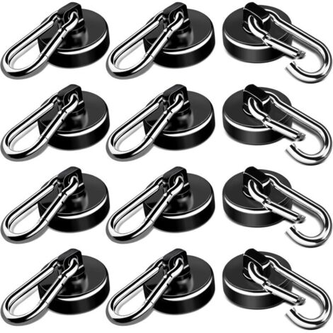 Crochets magnétiques robustes, capacité de charge de 22 kg, avec mousqueton, rotatifs, adaptés aux réfrigérateurs de cuisine, etc. - Lot de 12, noirs
