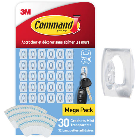 Crochets mini transparents Command™ avec languettes transparentes, 30 crochets + 32 languettes/paquet