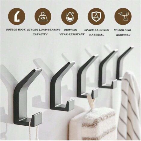 Crochets muraux à coller, porte-serviettes salle de bain 6 pièces, crochets pour montage mural sans perçage, patères sans perçage, inoxydable, aluminium, mat