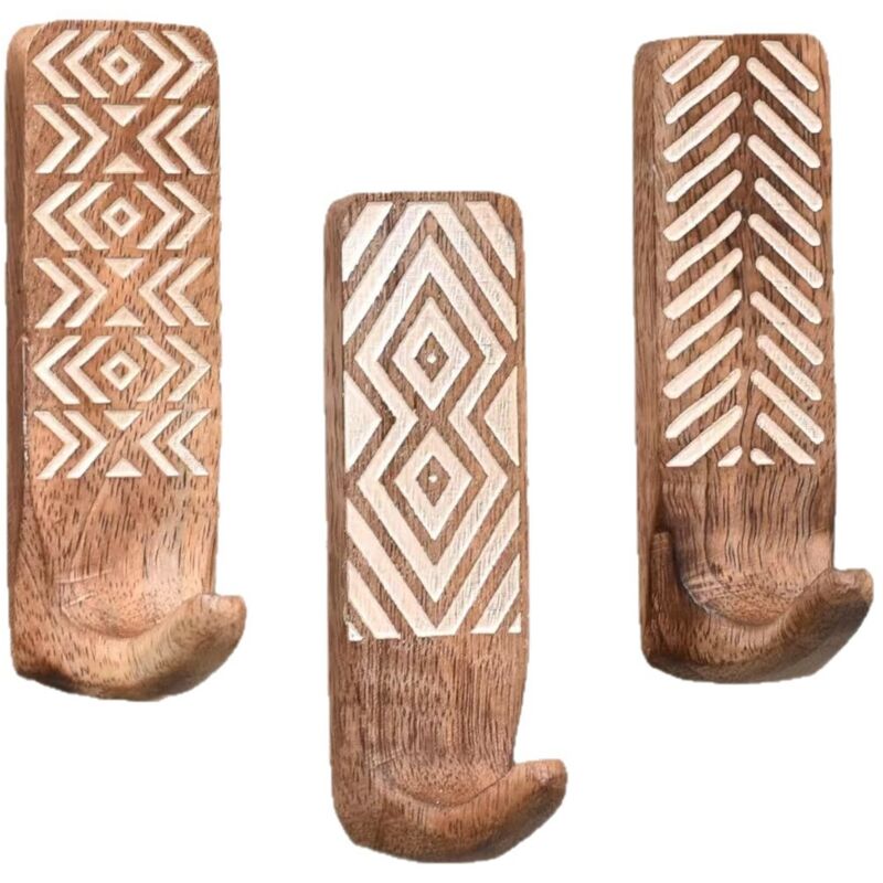 Crochets muraux adhésifs décoratifs bohème en bois pour manteaux – 3 crochets – Imperméable – Porte-serviettes antirouille