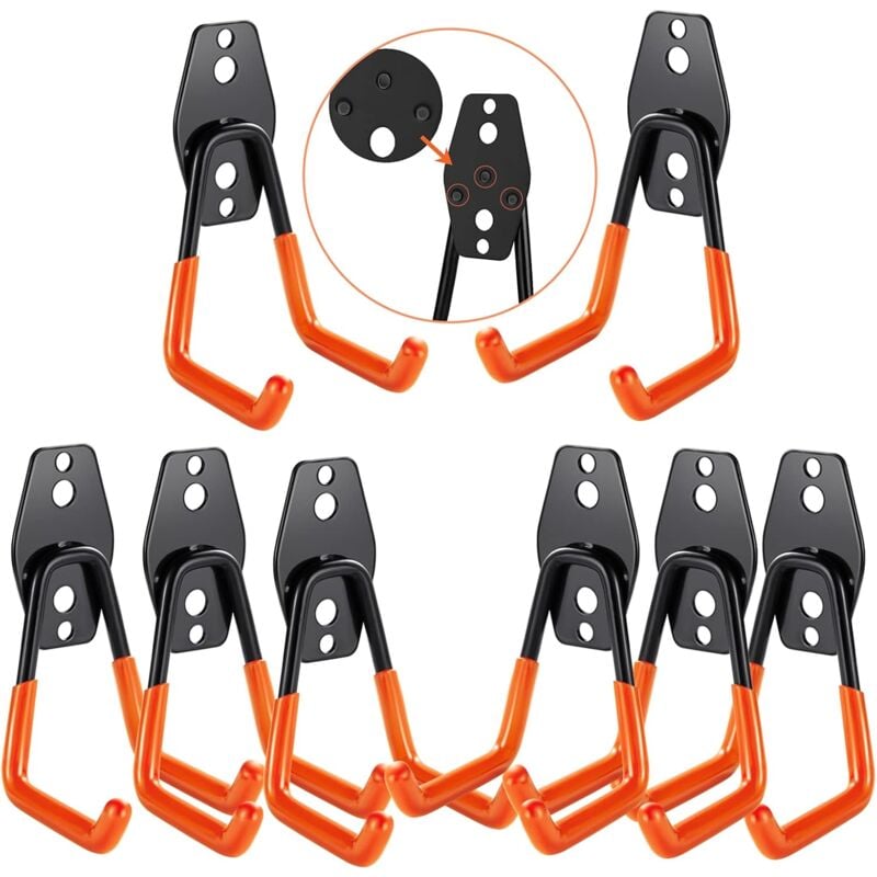 Jusch - Crochets muraux de garage, rangement de garage, crochets muraux en acier pour échelles, vélos, tuyaux, outils électriques (orange 8 pièces)