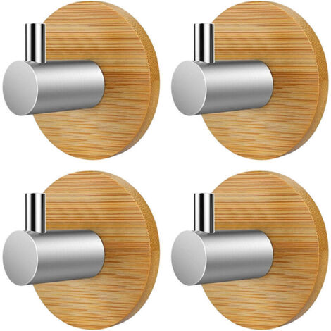 Crochets muraux en bois et bambou, lot de 4, crochets adhésifs, crochets à vêtements en bois, acier inoxydable et bambou, crochets à vêtements auto-adhésifs en bois, aucun perçage requis.