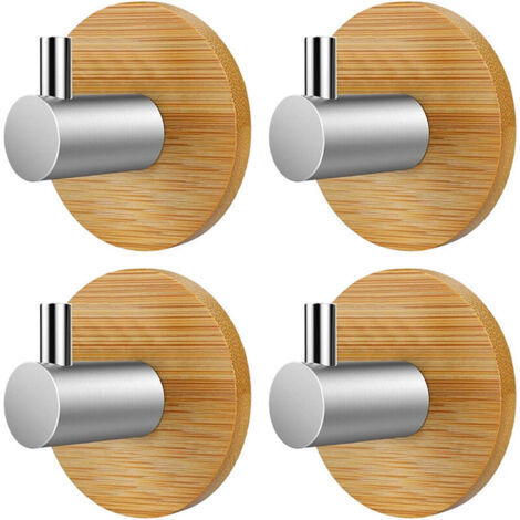 Crochets muraux en bois et bambou, lot de 4, crochets adhésifs, crochets à vêtements en bois, acier inoxydable et bambou, crochets à vêtements auto-adhésifs en bois, aucun perçage requis.