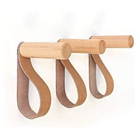 Crochets muraux en cuir, crochets muraux en bois, porte-manteau mural pour suspendre sacs, serviettes et manteaux, décoration scandinave, design moderne (lot de 3)