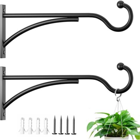 Crochets muraux extérieurs : support en métal noir de 28 cm pour suspendre paniers, mangeoires à oiseaux, carillons éoliens, jardinières, tapis de yoga, lanternes. Lot de 2.