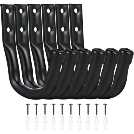 Crochets Muraux Garage 6 Pièces, Crochets Lourds de Suspension, Supports Muraux pour Vélo, Échelle, Outils de Jardin, Tuyaux, avec Vis et Chevilles, Noir