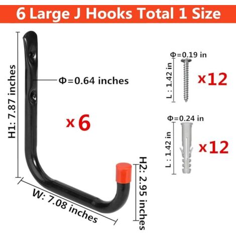 Crochets muraux garage robustes 6 pièces noir 18 cm - Support lourd 15kg acier haute qualité pour rangement outil vélo échelle