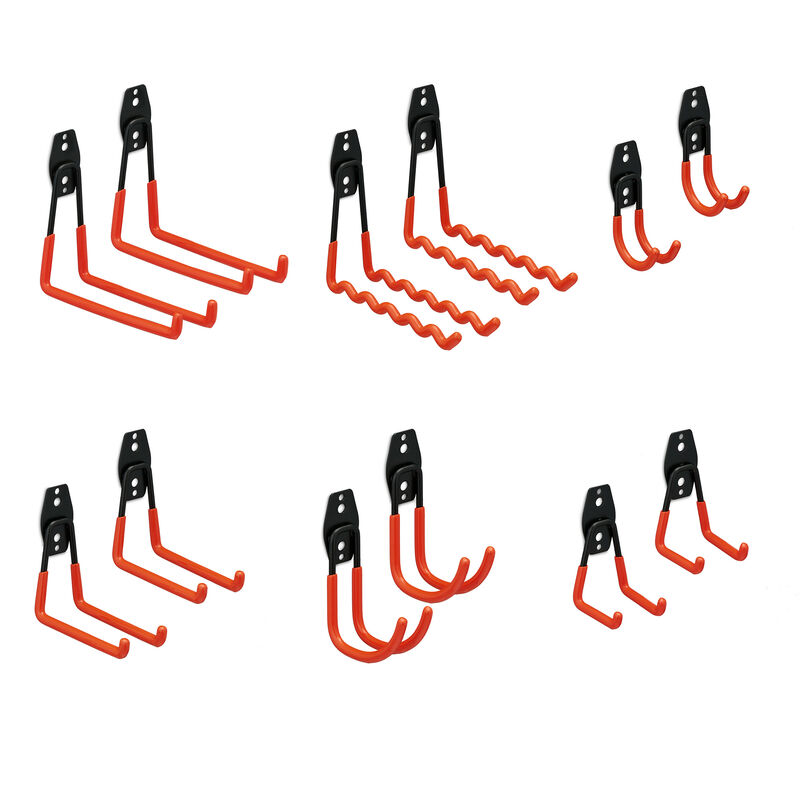 Relaxdays - crochets muraux, lot de 12 pièces, support pour outils de garage, porte-outils, jardin, acier, noir-orange