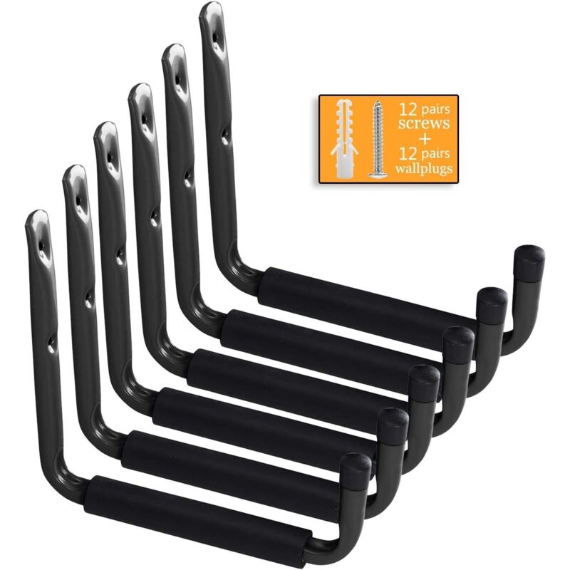 Crochets pour Garage, Crochet Vélo Mural Crochets Utilitaires Résistants de Stockage de Garage avec le Bras Jumbo, 6 Pcs Cintre de Garage de Bâti et