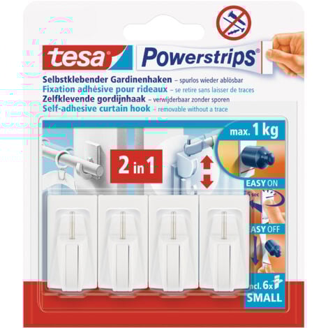 Crochets pour rideaux tesa Powerstrips Vario / crochets pour rideaux autocollants de tesa - amovibles et réutilisables / charge jusqu'à 1 kg / 1 x 4 pièces / blanc