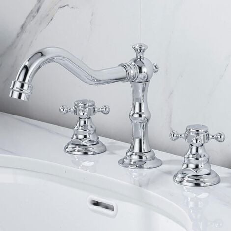 ROLEADER Croix en cuivre chrom moderne robinet robinet argent croix 3 trous 360 rotatif lavabo lavabo eau vier robinets robinet mitigeur en cramique avec robinet G1 / 2
