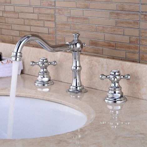 Croix en cuivre chromé moderne robinet robinet argent croix 3 trous 360 ° rotatif lavabo lavabo eau évier robinets robinet mitigeur en céramique avec robinet G1 / 2