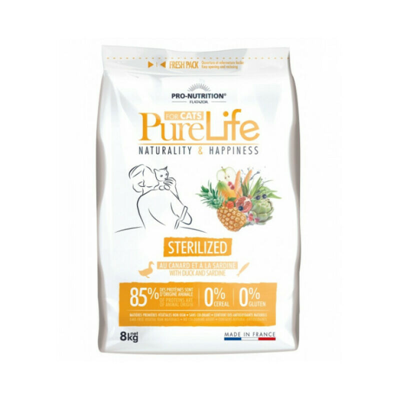 Croquettes Pure Life Sterilized sans céréales Flatazor Pro Nutrition pour chat stérilisé Sac 8 kg