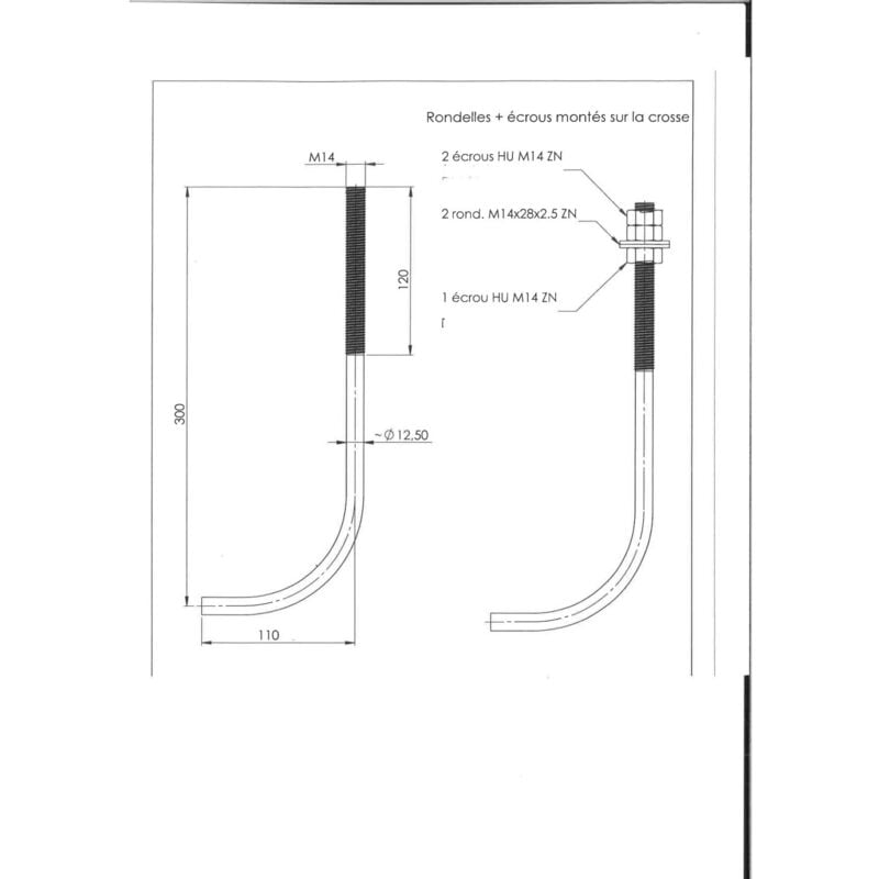 Crosse ancrage M14X300 +3 Ecrou +2 Rondelle Acier zingué-100 pièces
