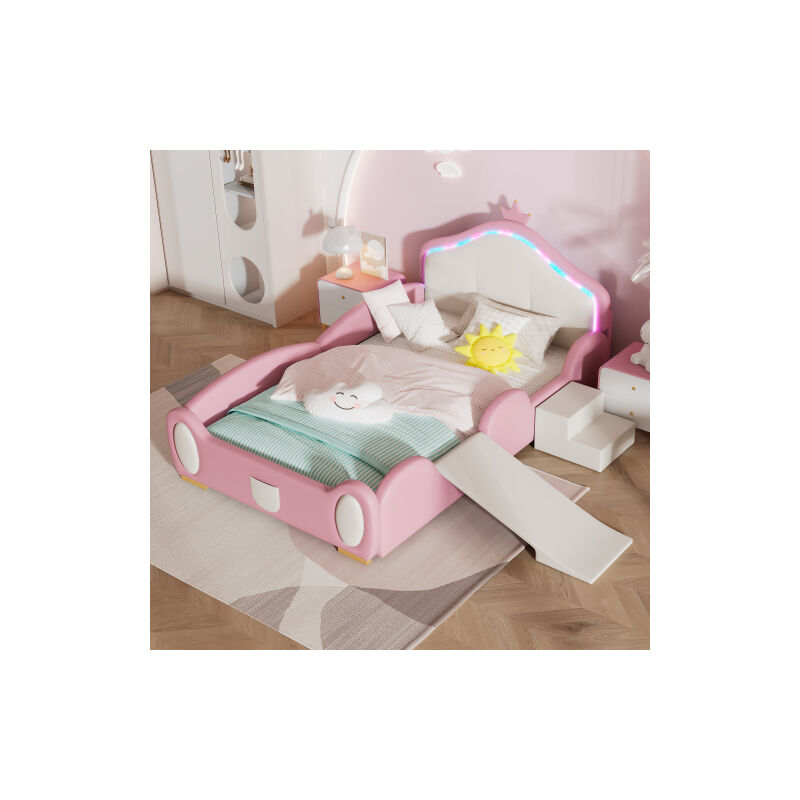 Crown Cartoon Bed avec bande lumineuse LED Multi - mode multicolore, lit rembourré, lit bébé avec petit toboggan et escalier