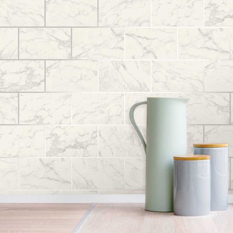 3D Effect Brick Tile Wallpaper White Grey Marble Silver Metallic Vinyl Crown