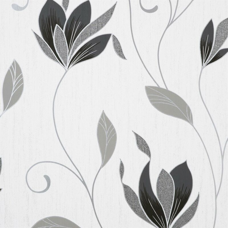 Synergy Floral Black White Textured Luxury Vinyl Wallpaper Glitter Modern - Crown