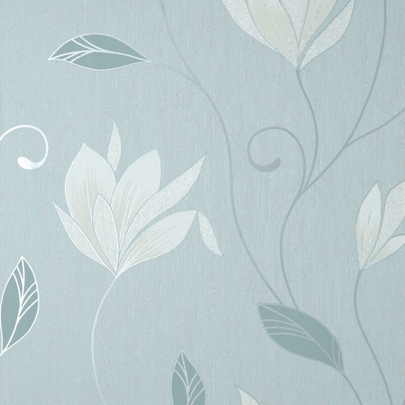 Synergy Floral Blue Grey Wallpaper Glitter Silver Modern Feature Wall - Crown