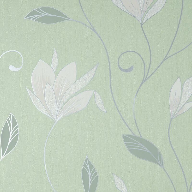 Synergy Floral Green Wallpaper Glitter Silver Modern Feature Wall Vinyl - Crown