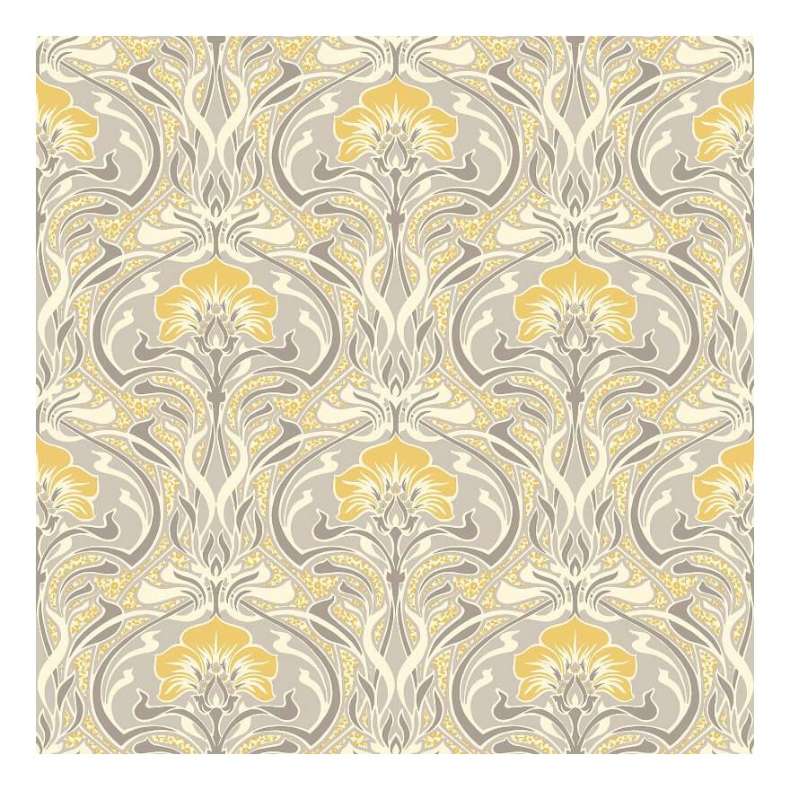 Retro Damask Wallpaper Vintage Flora Nouveau Metallic Silver Grey Yellow Crown