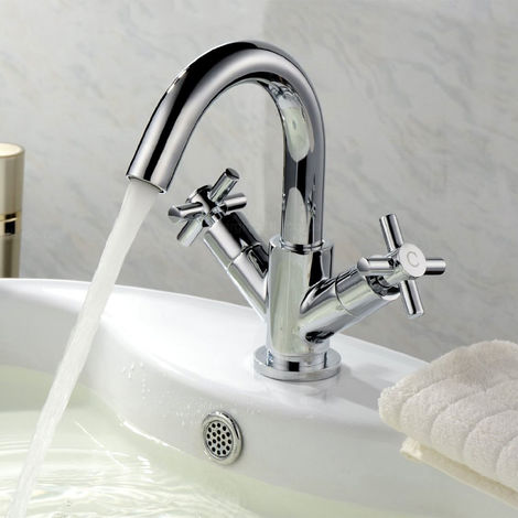 Crox Contemporary Chrome Basin Cross Head Mixer Tap With Curved Spout And Waste