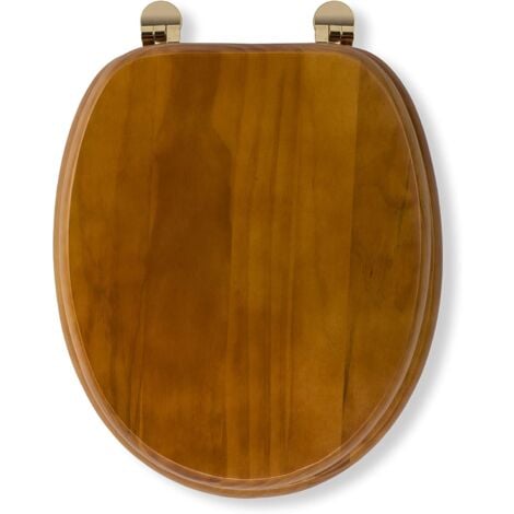 Croydex Antique Pine Toilet Seat - Oval Wooden Toilet Seat with Brass Effect Fixings, Adjustable Hinges