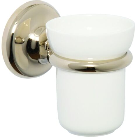 Croydex Flexi-Fix Ceramic White Tumbler & Gold Wall Mounted Holder - Grosvenor
