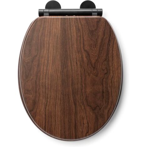 Croydex Round Walnut Soft-Close Black Hinge Flexi Fix Toilet Seat