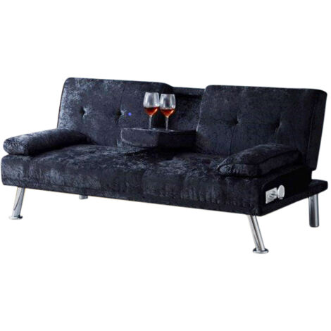 Crushed Velvet Italian Style Sofa Bed with Drink Cup Holder in Black