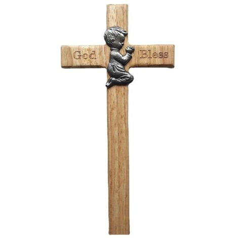 Cruz de madera "Niño rezando" - Cruz de las Bienaventuranzas hecha de madera para decoraciones navideñas y de bautizo - Modelo artesanal con figura de resina para habitaciones infantiles (20 x 10 x 1,