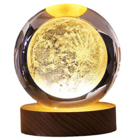 Crystal Ball Night Light 3D Engraving Technology Clear Pattern Soft Light USB Interface Wooden Base for Decoration