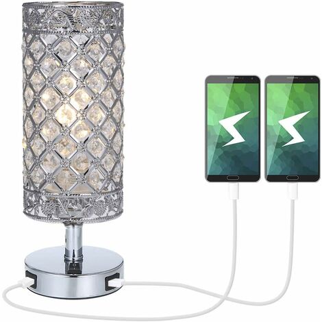 Crystal Lamp, K5 Crystal Bedside Lamp, Dual USB Rechargeable, Creative Fashion Crystal Silver Table Lamp, for Living Room Bedroom Hotel Bookcase Dresser (No Bulb)