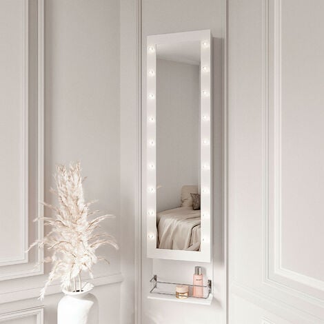 CARME HOME Crystal Wall Door Mounted Full Length Mirror Jewellery Cabinet with LED Lights & Hair Dryer Holder Makeup Storage White