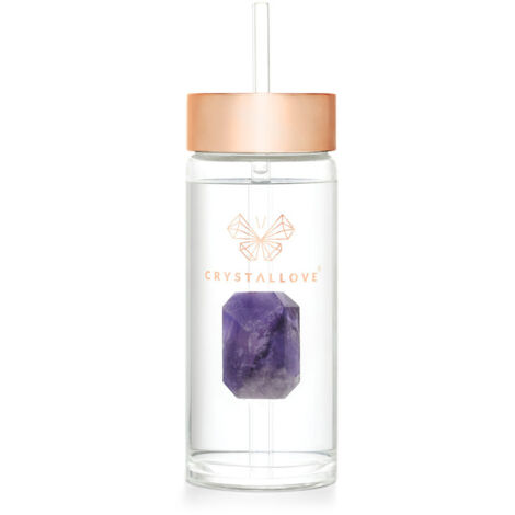 CRYSTALLOVE Glas-Wasserflasche mit Amethyst und Strohhalm, 400 ml