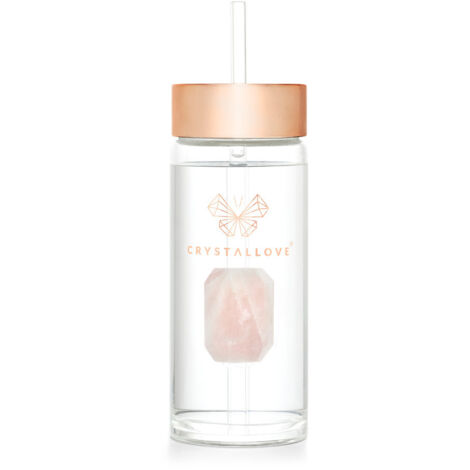 CRYSTALLOVE Glas-Wasserflasche mit Rosenquarz und Strohhalm, 400 ml