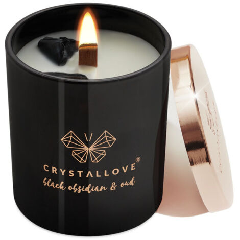 CRYSTALLOVE Sojakerze mit schwarzem Obsidian und Oud 220g