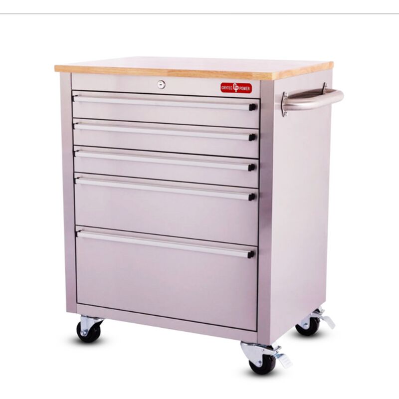 Crytec 26" Stainless Steel Tool Cabinet 5 Drawer Wooden Worktop