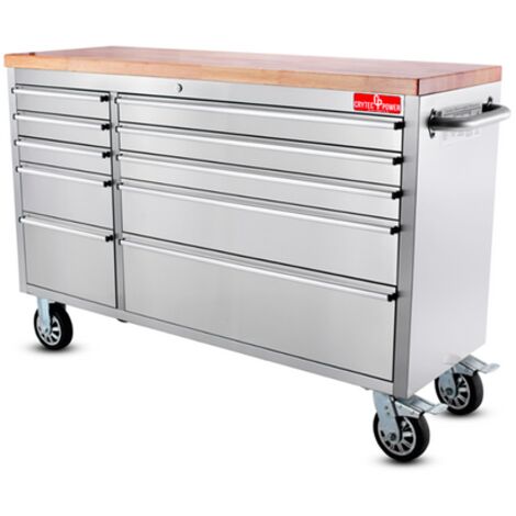 Crytec 55" Tool Cabinet Stainless Steel 10 Drawers Wooden Top