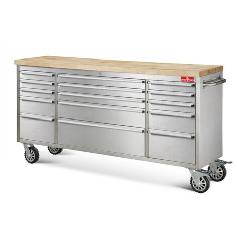 Crytec 72" Tool Cabinet Stainless Steel 15 Drawers Wooden Top