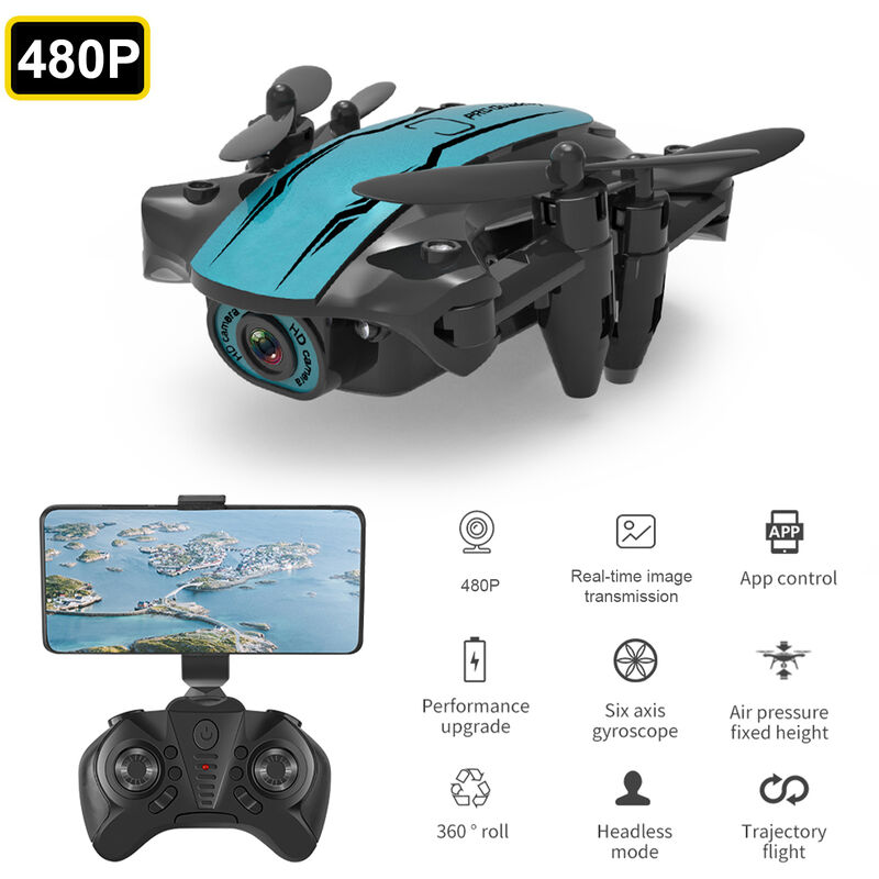 

CS02 RC Drone con camara 480P Wifi FPV Beginner Drone Mini Quadcopter plegable de juguete para ninos Modo sin cabeza Track Flight Luces LED Bolsa de